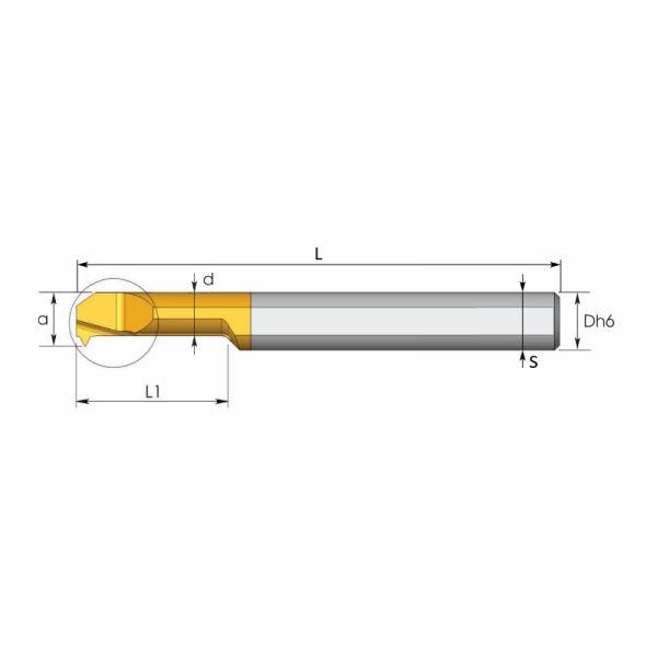 Мини-резец TE-05555020R Dh6=5 метрической обычной резьбы ISO 60°, неполный профиль